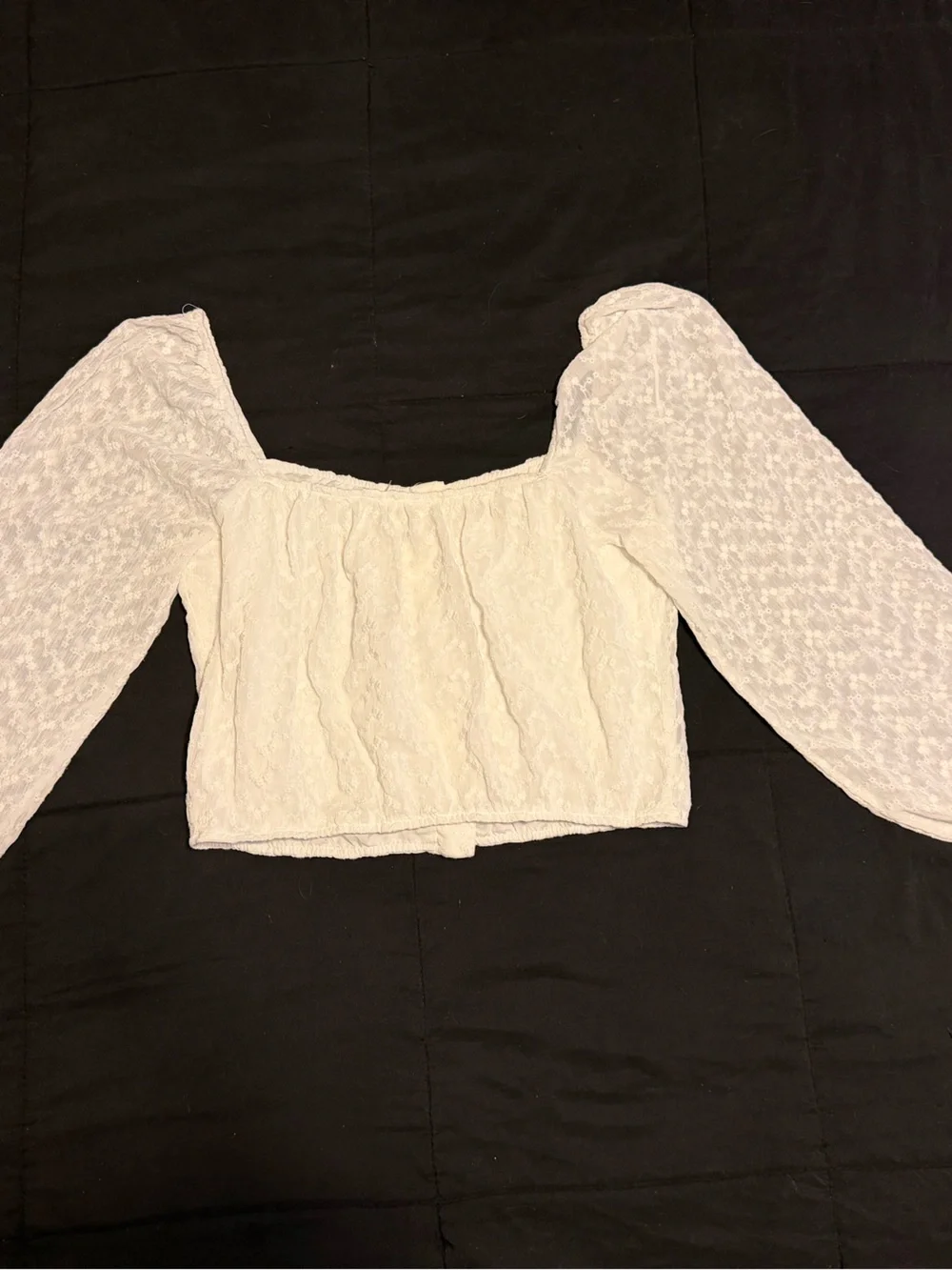 White Lace Puff-Sleeve Square-Neck Crop Top